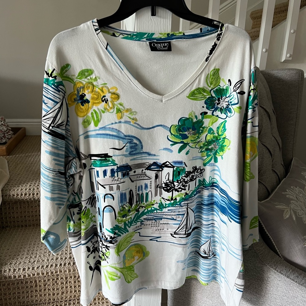 Gorgeous Greek Seashore setting Onque Casual embellished ladies blouse. Size 2X